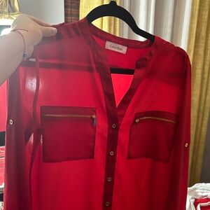 Calvin Klein Red Sheer Blouse with Gold Accents